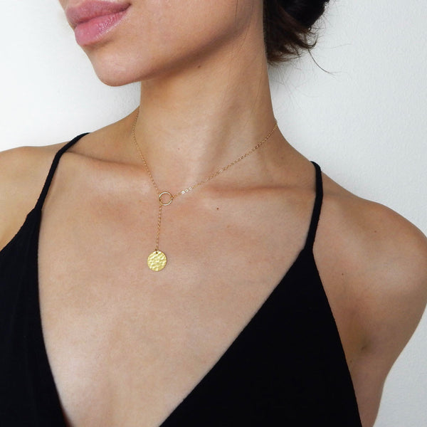Serefina - gold filled lariat necklace with hammered disk
