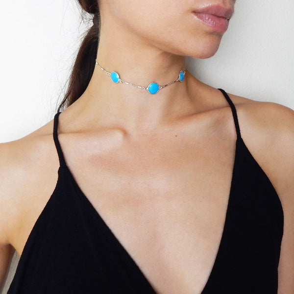 Amira - Sterling Silver Choker with Turquoise Gemstones