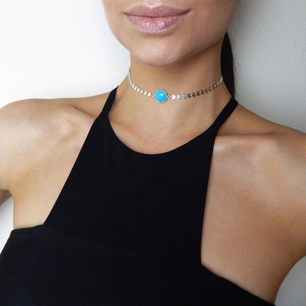 Josefine - Sterling Silver Coin Choker with Turquoise Gemstone