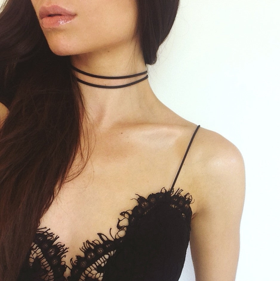 Lilia - Black Faux Leather Two Stand Choker