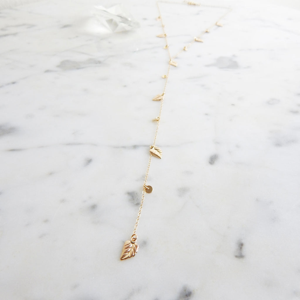Eva - 14k gold filled delicate lariat necklace with leaf charms - flatlay